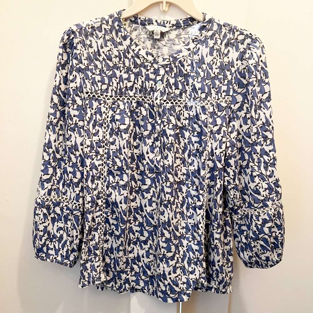 Lucky Brand Blue White Cotton Top Medium Button Front Lace Detail‎
